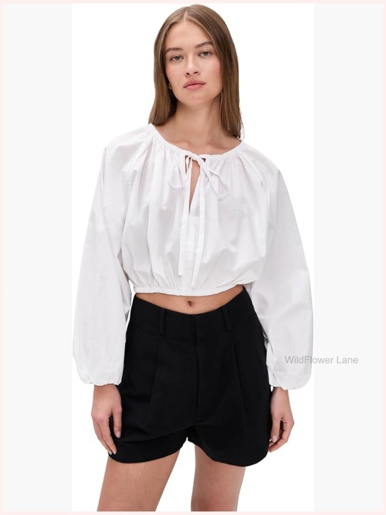 Coastal Poplin Nera Top With Long Puff Sleeves